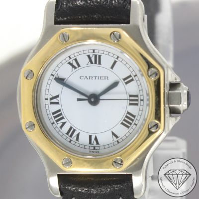 Wert 4600 Euro Cartier Santos Octagon Automatik Uhr 0907 Stahl 18 K Gelb Gold Leder - 93824