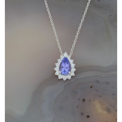 Sale! Wert 840 € Brillant Tansanit Anhänger mit Kette in 750er 18 K Weißgold L. 42 + 45 cm - H46
