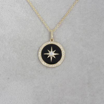 Wert 1750 € Brillant Onyx Anhänger & Kette in 585er 14 K Gelbgold - H1673