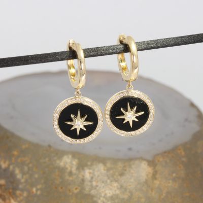 Wert 2750 € Creolen mit Brillant Onyx Anhängern in 585er 14 K Gelbgold - 88634