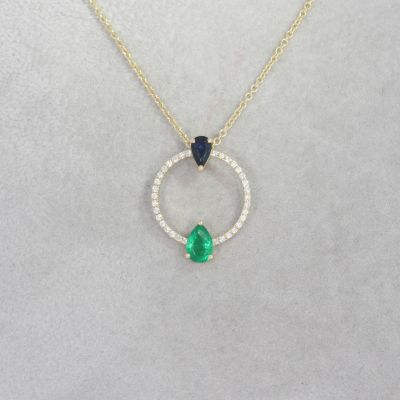Wert 2490 € Brillant Saphir Smaragd Anhänger & Kette in 585er 14 K Gelbgold - H1496