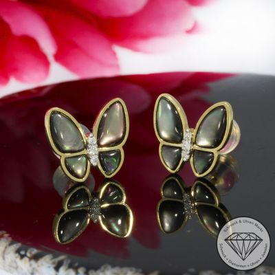 Wert 1430 € Brillant Perlmutt Ohrstecker Schmetterling in 750er 18 K Gelbgold - 94938