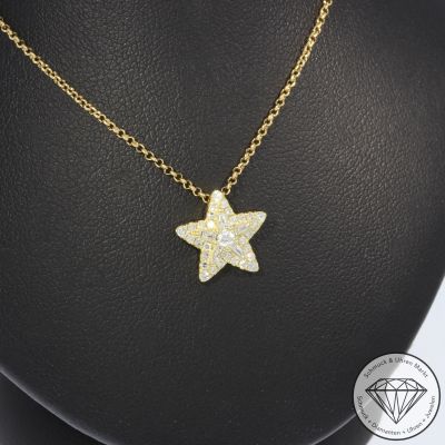 Sale! Wert 2140 € Brillant Diamant Stern Anhänger mit Kette in 750er 18 K Gelbgold - H1527