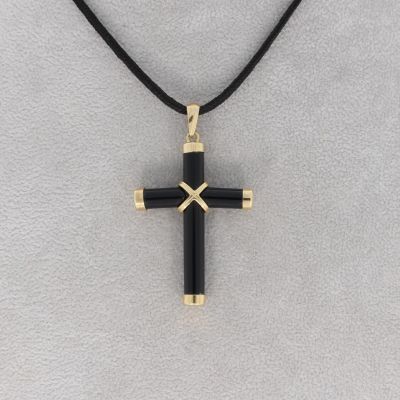 Wert 650 € Onyx Kreuz Anhänger in 585er 14 K Gelbgold H296