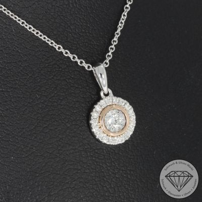 Wert 1100 € Brillant Anhänger mit Kette (0,11 carat) in 585er 14 K Weißgold / Roségold - H572