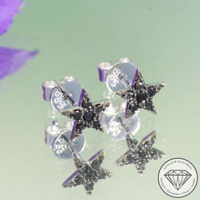 Wert 490 € schwarze Diamant Ohrringe Sterne (0,10 carat) in 585er 14 K Weißgold - H830